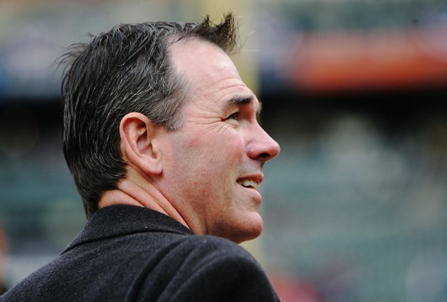 DETROIT - OCTOBER 13:  General Manager Billy Beane of the Oakland Athletics looks on during batting practice before Game Three of the American League Championship Series against the Detroit Tigers on October 13, 2006 at Comerica Park in Detroit, Michigan.  (Photo by Jed Jacobsohn/Getty Images)