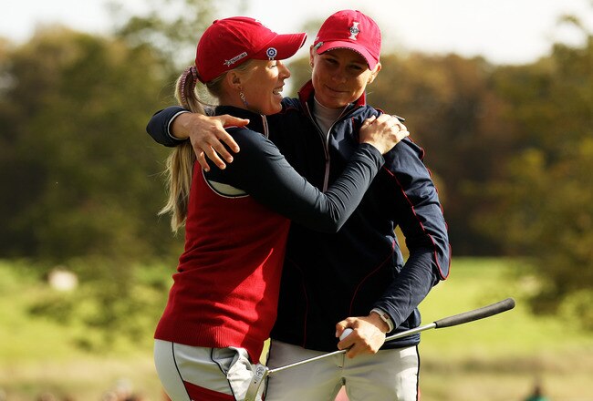 DUNSHAUGHLIN, IRELAND - SEPTEMBER 24:  Morgan Pressel (L) and Ryann O'Toole of the USA celebrate on the 14th green during the morning foursomes on day two of the 2011 Solheim Cup at Killeen Castle Golf Club on September 24, 2011 in Dunshaughlin, County Meath, Ireland.  (Photo by Ian Walton/Getty Images)