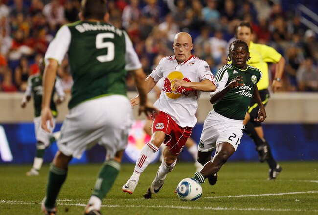 HARRISON, NJ - SEPTEMBER 24:  Luke Rodgers #9 of New York Red Bulls moves the ball against the Portland Timbers on September 24, 2011 at Red Bull Arena in Harrison, New Jersey.  (Photo by Mike Stobe/Getty Images for New York Red Bulls)