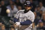 CHICAGO, IL - SEPTEMBER 20: Prince Fielder #28 of the Milwaukee Brewers keeps an eye on a foul ball hit against the Chicago Cubs at Wrigley Field on September 20, 2011 in Chicago, Illinois.  (Photo by Jonathan Daniel/Getty Images)