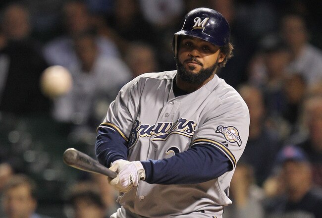CHICAGO, IL - SEPTEMBER 20: Prince Fielder #28 of the Milwaukee Brewers keeps an eye on a foul ball hit against the Chicago Cubs at Wrigley Field on September 20, 2011 in Chicago, Illinois.  (Photo by Jonathan Daniel/Getty Images)