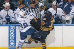 BUFFALO, NY - SEPTEMBER 24: Patrick Kaleta #36 of the Buffalo Sabres collides with Matt Frattin #39 of the Toronto Maple Leafs at First Niagara Center on September 24, 2011 in Buffalo, New York.  (Photo by Rick Stewart/Getty Images)