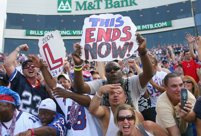 ORCHARD PARK, NY - SEPTEMBER 25: Buffalo Bills fans show their support after Buffalo beat the New England Patriots for the first time in 15 games at Ralph Wilson Stadium on September 25, 2011 in Orchard Park, New York. Buffalo won 34-31. (Photo by Rick Stewart/Getty Images)