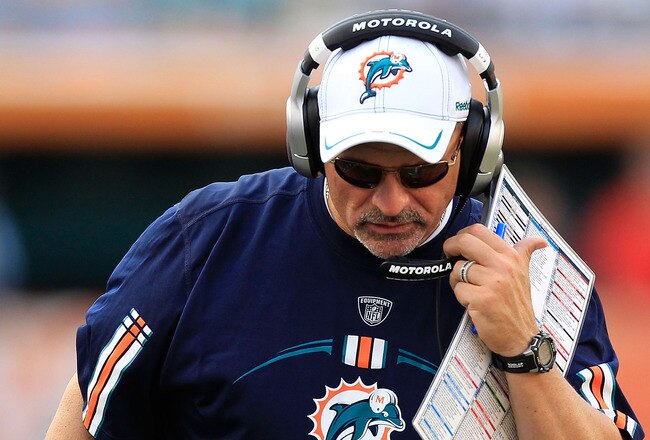 MIAMI GARDENS, FL - SEPTEMBER 18:  Head coach Tony Sparano of the Miami Dolphins walks along sidelines during a game against the Houston Texans  at Sun Life Stadium on September 18, 2011 in Miami Gardens, Florida.  (Photo by Sam Greenwood/Getty Images)