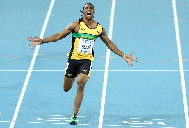 DAEGU, SOUTH KOREA - AUGUST 28:  Yohan Blake of Jamaica celebrates winning the men's 100 metres final during day two of the 13th IAAF World Athletics Championships at the Daegu Stadium on August 28, 2011 in Daegu, South Korea.  (Photo by Andy Lyons/Getty Images)