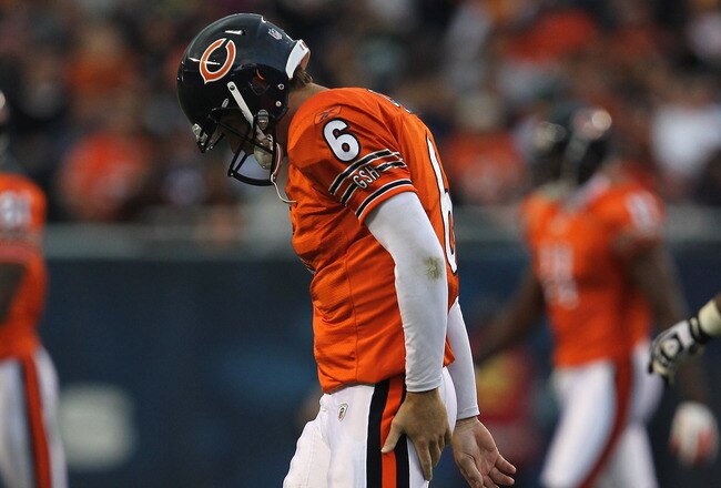 CHICAGO, IL - SEPTEMBER 25: Jay Cutler #6 of the Chicago Bears walks off of the field after a failed 1st down attempt against the Green Bay Packers at Soldier Field on September 25, 2011 in Chicago, Illinois. The Packers defeated the Bears 27-17. (Photo by Jonathan Daniel/Getty Images)