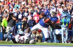 ORCHARD PARK, NY - SEPTEMBER 25: Fred Jackson #22 of the Buffalo Bills is tackled at the 1-yard line by Devin McCourty #32 of the New England Patriots late in the fourth quarter at Ralph Wilson Stadium on September 25, 2011 in Orchard Park, New York. (Photo by Tom Szczerbowski/Getty Images)