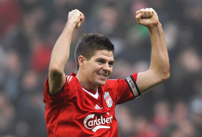 LIVERPOOL, ENGLAND - FEBRUARY 06:   Steven Gerrard of Liverpool celebrates at the end of the Barclays Premier League match between Liverpool and Everton at Anfield on February 6, 2010 in Liverpool, England. (Photo by Hamish Blair/Getty Images)