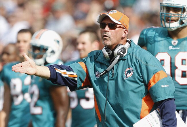 CLEVELAND, OH - SEPTEMBER 25:  Head coach Tony Sparano of the Miami Dolphins argues a call against the Cleveland Browns at Cleveland Browns Stadium on September 25, 2011 in Cleveland, Ohio.  (Photo by Matt Sullivan/Getty Images)