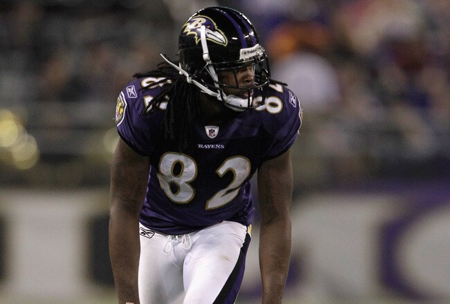 BALTIMORE, MD - AUGUST 25: Wide receiver Torrey Smith #82 of the Baltimore Ravens lines up against the Washington Redskins during the second half of a preseason game at M&T Bank Stadium on August 25, 2011 in Baltimore, Maryland. The Ravens defeated the Redskins 34-31.  (Photo by Rob Carr/Getty Images)