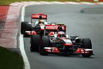 MONTREAL, CANADA - JUNE 11:  Jenson Button of Great Britain and McLaren leads from team mate Lewis Hamilton of Great Britain and McLaren as they drive during qualifying for the Canadian Formula One Grand Prix at the Circuit Gilles Villeneuve on June 11, 2011 in Montreal, Canada.  (Photo by Clive Rose/Getty Images)