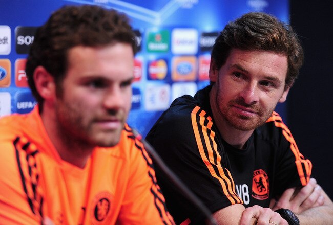 VALENCIA, SPAIN - SEPTEMBER 27:  Juan Mata of Chelsea and Chelsea manager Andre Villas Boas during a press conference ahead of the UEFA Champions League Group E match between Valencia CF and Chelsea at the Estadio Mestalla on September 27, 2011 in Valencia, Spain.  (Photo by Laurence Griffiths/Getty Images)