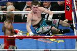LAS VEGAS - DECEMBER 08:  Ricky Hatton is knocked down in the 10th round by Floyd Mayweather Jr. during their WBC world welterweight championship fight at the MGM Grand Garden Arena on December 8, 2007 in Las Vegas, Nevada.  (Photo by Ethan Miller/Getty Images)
