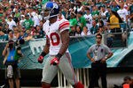 PHILADELPHIA, PA - SEPTEMBER 25:  (R-L) Victor Cruz #80 of the New York Giants celebrates with his teammate  Henry Hynoski #45 after Cruz caught a 28 yard touchdown pass in the fourth quarter against the Philadelphia Eagles at Lincoln Financial Field on September 25, 2011 in Philadelphia, Pennsylvania. The Giants defeated the Eagles 29-16.  (Photo by Chris Trotman/Getty Images)