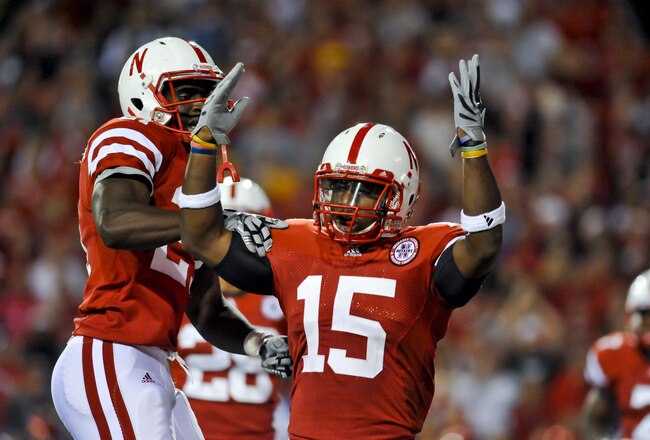LINCOLN, NEBRASKA - SEPTEMBER 25: Nebraska Cornhuskers cornerback Alfonzo Dennard #15 celebrates with teammate  cornerback Prince Amukamara #21during second half action of their game at Memorial Stadium on September 25, 2010 in Lincoln, Nebraska. Nebraska Defeated South Dakota State 17-3.  (Photo by Eric Francis/Getty Images)