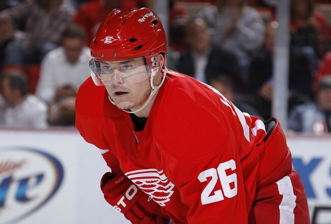 DETROIT - MAY 6: Jiri Hudler #26 of the Detroit Red Wings looks on while playing the San Jose Sharks in Game Four of the Western Conference Semifinals during the 2011 NHL Stanley Cup Playoffs on May 6, 2011 at Joe Louis Arena in Detroit, Michigan. (Photo by Gregory Shamus/Getty Images)