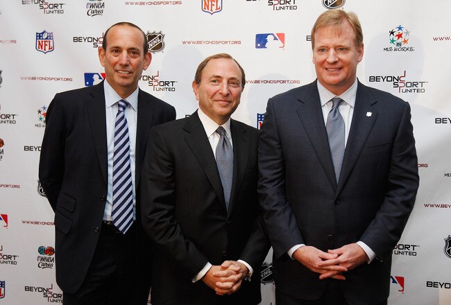 NEW YORK, NY - SEPTEMBER 27:  (R-L) NFL Commissioner Roger Goodell, NHL Commissioner Gary Bettman and MLS Commissioner Don Garber pose for a photo during 'Sports Teams for Social Change,' hosted by Beyond Sport United on September 27, 2011 at Yankee Stadium in the Bronx borough of New York City.  (Photo by Mike Stobe/Getty Images)