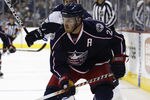 COLUMBUS, OH - SEPTEMBER 20:  James Wisniewski #21 of the Columbus Blue Jackets skates up ice during the game against the Winnipeg Jets on September 20, 2011 at Nationwide Arena in Columbus Ohio.  The Blue Jackets defeated the Jets 5-1.  (Photo by John Grieshop/Getty Images)