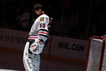 PITTSBURGH, PA - SEPTEMBER 22:  Alexander Salak #53 of the Chicago Blackhawks stands during the National Anthem against hte Pittsburgh Penguins before a preseason game at Consol Energy Center on September 22, 2011 in Pittsburgh, Pennsylvania.  (Photo by Justin K. Aller/Getty Images)