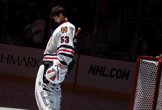 PITTSBURGH, PA - SEPTEMBER 22:  Alexander Salak #53 of the Chicago Blackhawks stands during the National Anthem against hte Pittsburgh Penguins before a preseason game at Consol Energy Center on September 22, 2011 in Pittsburgh, Pennsylvania.  (Photo by Justin K. Aller/Getty Images)