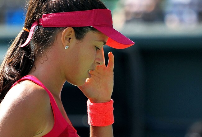 TOKYO, JAPAN - SEPTEMBER 28:  Ana Ivanovic of Serbia reacts in her match against Maria Kirilenko of Russia during the day four of the Toray Pan Pacific Open at Ariake Colosseum on September 28, 2011 in Tokyo, Japan.  (Photo by Kiyoshi Ota/Getty Images)