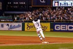 ST PETERSBURG, FL - SEPTEMBER 28:  Infielder Evan Longoria #3 of the Tampa Bay Rays rounds the bases after his bottom of the twelveth inning walk off home run against the New York Yankees during the game at Tropicana Field on September 28, 2011 in St. Petersburg, Florida.  (Photo by J. Meric/Getty Images)