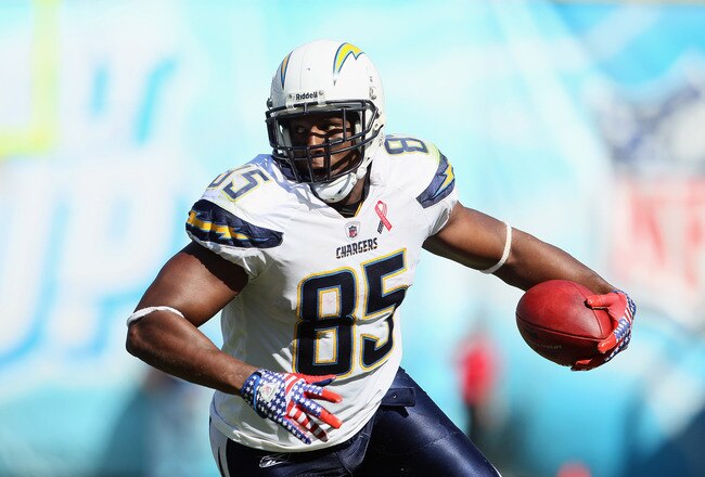 SAN DIEGO, CA - SEPTEMBER 11:  Tight end Antonio Gates #85 of the San Diego Chargers carries the ball against the Minnesota Vikings at Qualcomm Stadium on September 11, 2011 in San Diego, California.  (Photo by Jeff Gross/Getty Images)