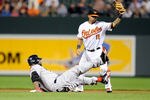 BALTIMORE, MD - SEPTEMBER 28:  David Ortiz #34 of the Boston Red Sox is tagged out at second base in the seventh inning by Robert Andino #11 of the Baltimore Orioles at Oriole Park at Camden Yards on September 28, 2011 in Baltimore, Maryland.  (Photo by Greg Fiume/Getty Images)