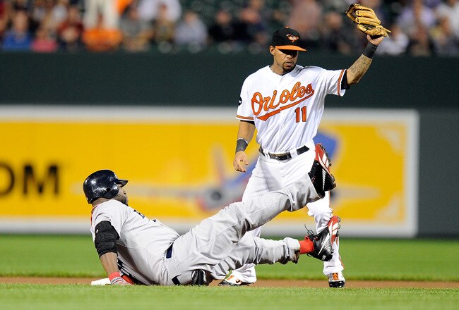 BALTIMORE, MD - SEPTEMBER 28:  David Ortiz #34 of the Boston Red Sox is tagged out at second base in the seventh inning by Robert Andino #11 of the Baltimore Orioles at Oriole Park at Camden Yards on September 28, 2011 in Baltimore, Maryland.  (Photo by Greg Fiume/Getty Images)