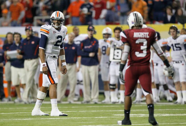 ATLANTA, GA - DECEMBER 04:  Quarterback Cam Newton #2 of the Auburn Tigers lines up as wide receiver against Akeem Auguste #3 of the South Carolina Gamecocks during the 2010 SEC Championship at Georgia Dome on December 4, 2010 in Atlanta, Georgia.  (Photo by Kevin C. Cox/Getty Images)