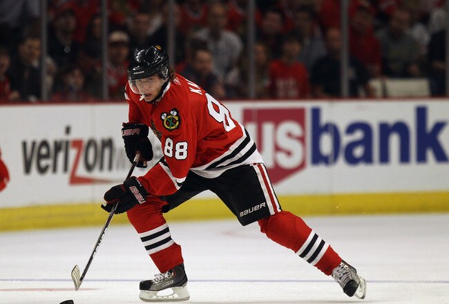 CHICAGO, IL - APRIL 10: Patrick Kane #88 of the Chicago Blackhawks controls the puck against the Detroit Red Wings at the United Center on April 10, 2011 in Chicago, Illinois. The Red Wings defeated the Blackhawks 4-3. (Photo by Jonathan Daniel/Getty Images)