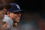 ARLINGTON, TX - SEPTEMBER 30:  Matt Moore #55 of the Tampa Bay Rays smiles in the dugout in the 9th inning against the Texas Rangers during Game One of the American League Division Series at Rangers Ballpark in Arlington on September 30, 2011 in Arlington, Texas.  (Photo by Ronald Martinez/Getty Images)