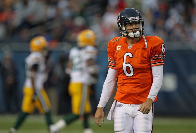 CHICAGO, IL - SEPTEMBER 25:  Jay Cutler #6 of the Chicago Bears walks off of the field after a failed 1st down attempt against the Green Bay Packers at Soldier Field on September 25, 2011 in Chicago, Illinois. The Packers defeated the Bears 27-17.  (Photo by Jonathan Daniel/Getty Images)