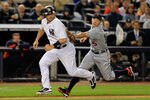 NEW YORK, NY - OCTOBER 01:  Jorge Posada #20 of the New York Yankees is tagged out by Brandon Inge #15 of the Detroit Tigers in the second inning of Game One of the American League Division Series at Yankee Stadium on October 1, 2011 in New York City.  (Photo by Chris Trotman/Getty Images)