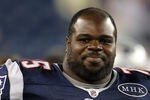 FOXBORO, MA - AUGUST 11:  Vince Wilfork #75 of the New England Patriots looks on from the bench during the game against the Jacksonville Jaguars on August 11, 2011 at Gillette Stadium in Foxboro, Massachusetts. The New England Patriots defeated the Jacksonville Jaguars 47-12.  (Photo by Elsa/Getty Images)