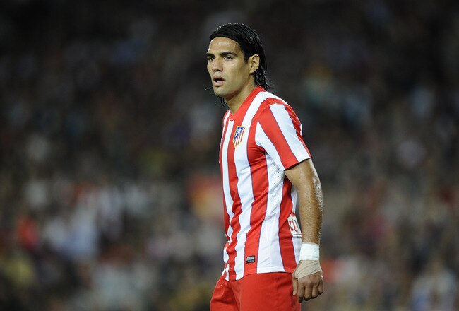 BARCELONA, SPAIN - SEPTEMBER 24:  Falcao Garcia of Club Atletico de Madrid de Madrid looks on during the La Liga match between FC Barcelona and Club Atletico de Madrid at Camp Nou on September 24, 2011 in Barcelona, Spain. barcelona won 5-0 and Messi scored his second hat-trick this season.  (Photo by David Ramos/Getty Images)