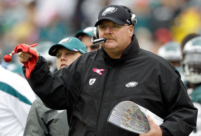 PHILADELPHIA, PA - OCTOBER 02: Head coach Andy Reid of the Philadelphia Eagles waits to challenge a play against the San Francisco 49ers during the second half at Lincoln Financial Field on October 2, 2011 in Philadelphia, Pennsylvania.  The 49ers defeated the Eagles 24-23. (Photo by Rob Carr/Getty Images)