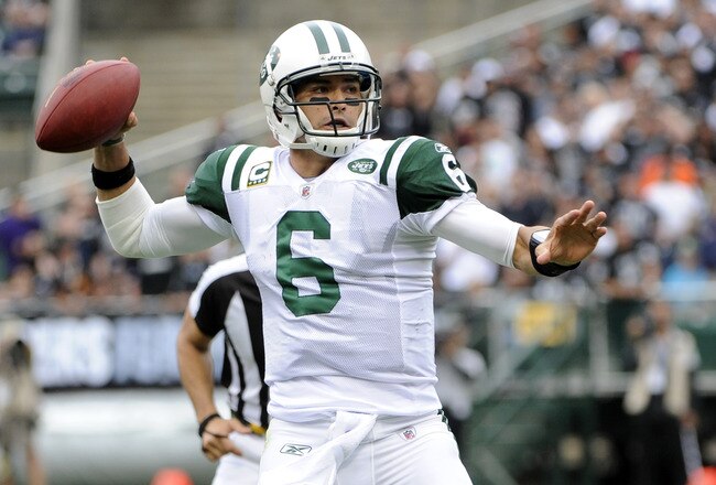 OAKLAND, CA - SEPTEMBER 25: Mark Sanchez #6 of the New York Jets throws a pass against the Oakland Raiders in the second quarter during an NFL football game at the O.co Coliseum September 25, 2011 in Oakland, California.  (Photo by Thearon W. Henderson/Getty Images)