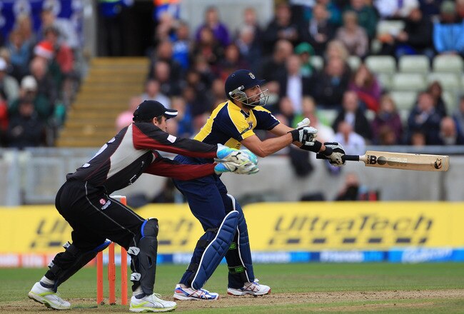 BIRMINGHAM, ENGLAND - AUGUST 27:  Shahid Afridi of Hampshire hits out during the Friends Life T20 Semi Final match between Hampshire and Somerset at Edgbaston on August 27, 2011 in Birmingham, England.  (Photo by Tom Shaw/Getty Images)