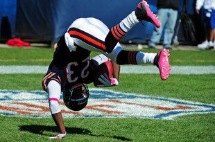 ATLANTA - OCTOBER 2: Devin Hester #23 of the Chicago Bears celebrates as he scores a touchdown on a 69 yard punt return against the Carolina Panthers at Soldier Field on October 2, 2011 in Chicago, Illinois. Hester broke the NFL record with his 11th career punt return touchdown. (Photo by Scott Cunningham/Getty Images)