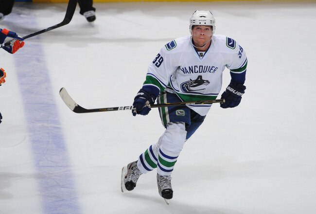 EDMONTON, CANADA - SEPTEMBER 22: Cody Hodgson #39 of the Vancouver Canucks skates against the Edmonton Oilers on September 22, 2011 at Rexall Place in Edmonton, Alberta, Canada. The Canucks won 2-1. (Photo by Dale MacMillan/Getty Images)