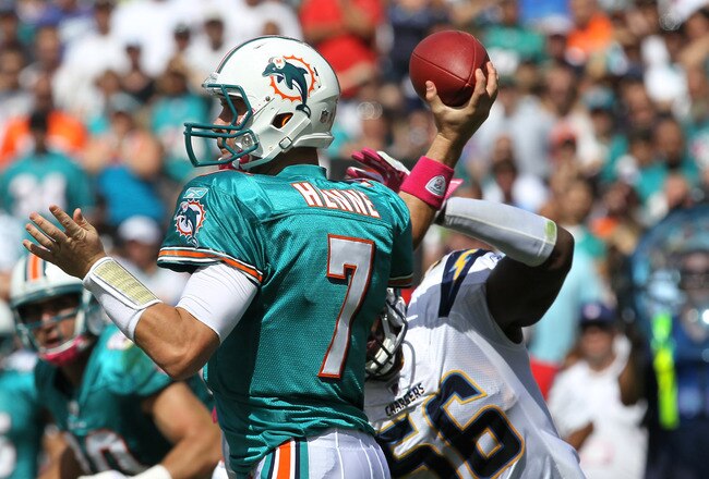 SAN DIEGO, CA - OCTOBER 02:  Quarterback Chad Henne #7 of the Miami Dolphins throws a pass against the San Diego Chargers at Qualcomm Stadium on October 2, 2011 in San Diego, California.    The Chargers won 26-16.  (Photo by Stephen Dunn/Getty Images)