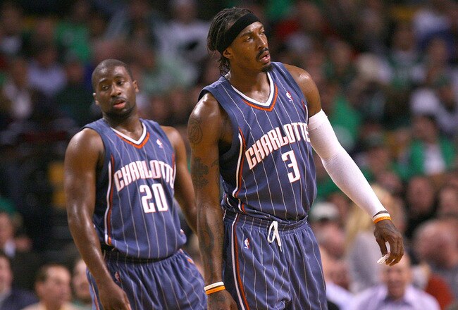 BOSTON, MA - OCTOBER 28:  Raymond Felton #20 and Gerald Wallace #3 of the Charlotte Bobcats react during a game with the Boston Celtics at the TD Banknorth Garden on October 28, 2009 in Boston, Massachusetts. NOTE TO USER: User expressly acknowledges and agrees that, by downloading and/or using this Photograph, user is consenting to the terms and conditions of the Getty Images License Agreement. (Photo by Jim Rogash/Getty Images)