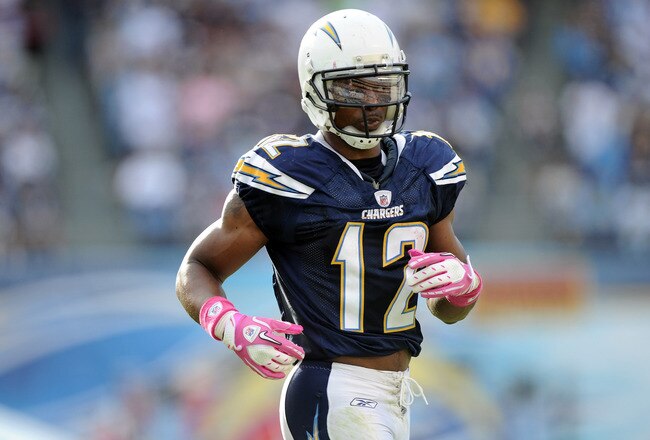 SAN DIEGO - OCTOBER 24:  Patrick Crayton #12 of the San Diego Chargers ready at the line of scrimmage against the New England Patriots at Qualcomm Stadium on October 24, 2010 in San Diego, California.  (Photo by Harry How/Getty Images)