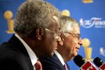 SAN ANTONIO - JUNE 21:  (L-R) Billy Hunter, President of the NBA Players Association and NBA commissioner David Stern speak at a press conference to announce that the NBA and the NBA Players Association have agreed in principal on a new 6-year Collective Bargining Agreement (CBA) prior to Game 6 of the NBA Finals between the Detroit Pistons and the San Antonio Spurs on June 21, 2005 at SBC Center in San Antonio, Texas.  NOTE TO USER: User expressly acknowledges and agrees that, by downloading and/or using this Photograph, user is consenting to the terms and conditions of the Getty Images License Agreement.  (Photo by Brian Bahr/Getty Images)