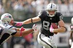 OAKLAND, CA - OCTOBER 02:  Kevin Boss #87 of the Oakland Raiders in action against the New England Patriots at O.co Coliseum on October 2, 2011 in Oakland, California.  (Photo by Ezra Shaw/Getty Images)