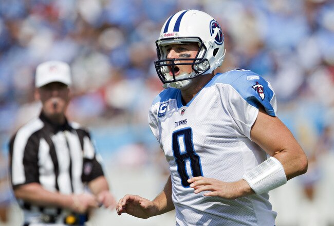 NASHVILLE, TN - SEPTEMBER 25:  Matt Hasselbeck #8 of the Tennessee Titans runs to the Official to argue a call against the Denver Broncos at LP Field on September 25, 2011 in Nashville, Tennessee.   The Titans defeated the Broncos 17 - 14.  (Photo by Wesley Hitt/Getty Images)