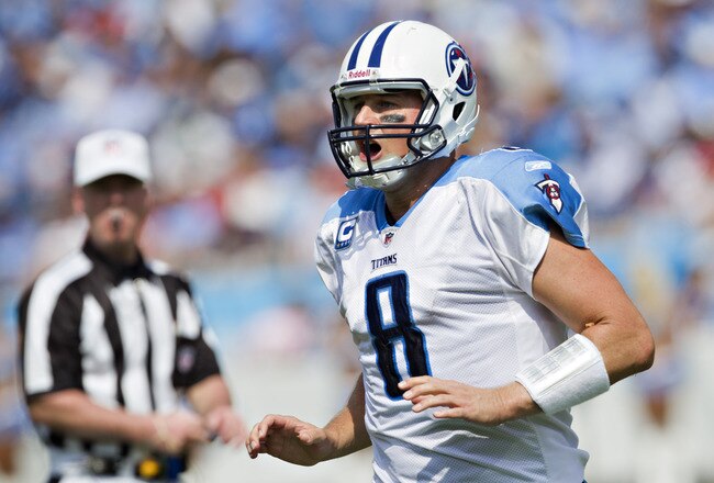 NASHVILLE, TN - SEPTEMBER 25:  Matt Hasselbeck #8 of the Tennessee Titans runs to the Official to argue a call against the Denver Broncos at LP Field on September 25, 2011 in Nashville, Tennessee.   The Titans defeated the Broncos 17 - 14.  (Photo by Wesley Hitt/Getty Images)