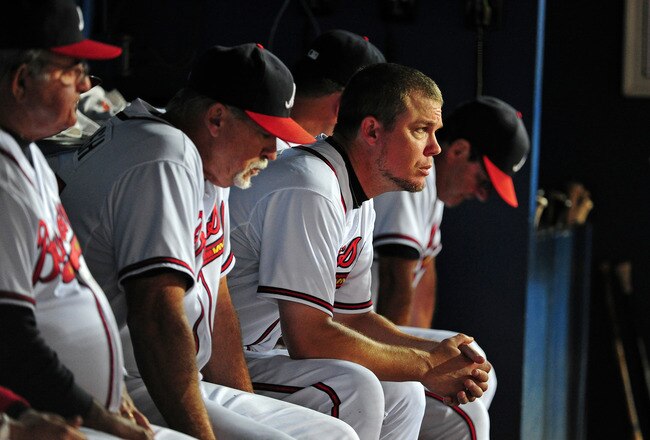ATLANTA - SEPTEMBER 27: Chipper Jones #10 of the Atlanta Braves watches the action late in the game against the Philadelphia Phillies at Turner Field on September 27, 2011 in Atlanta, Georgia. (Photo by Scott Cunningham/Getty Images)