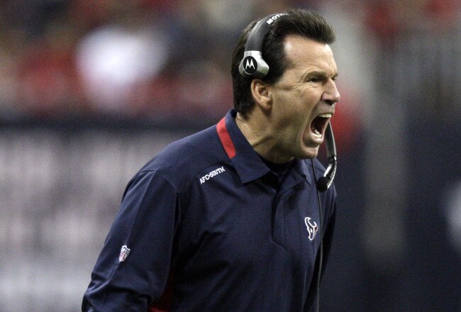 HOUSTON, TX - DECEMBER 13:  Head coach Gary Kubiak yells at the officials in the fourth quarter during a football game against the Baltimore Ravens at Reliant Stadium on December 13, 2010 in Houston, Texas.  (Photo by Bob Levey/Getty Images)
